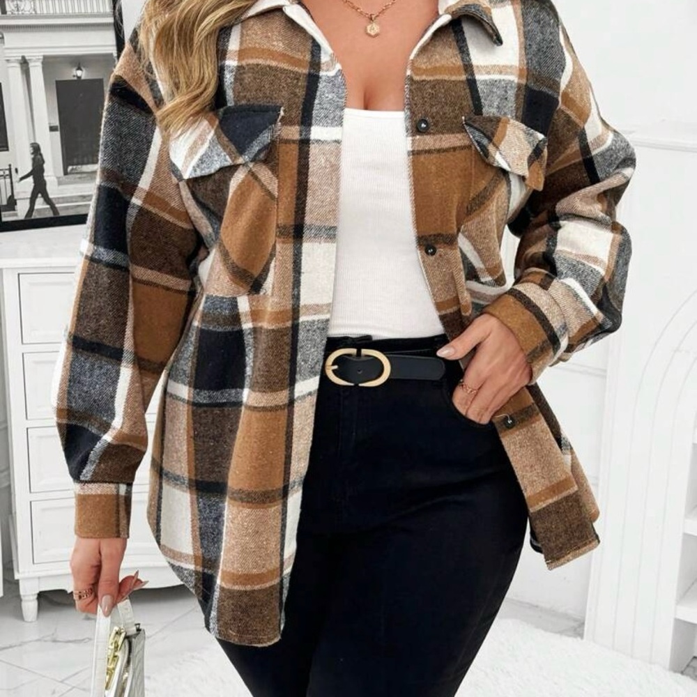 SHEIN Plaid Button Down Flannel in Brown and Black 2X
